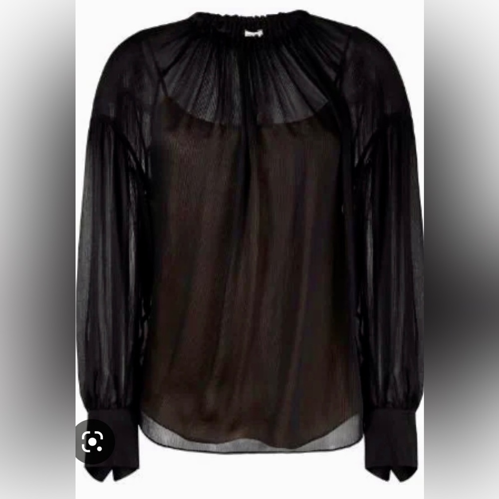 Vince Shirred Neck Silk Blouse-Black-Size M